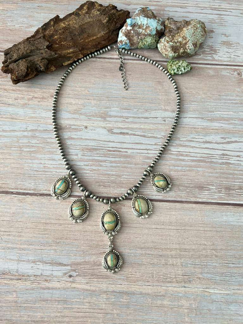 Handmade Sterling Silver Royston Ribbon Turquoise Beaded Necklace with Signed Nizhoni