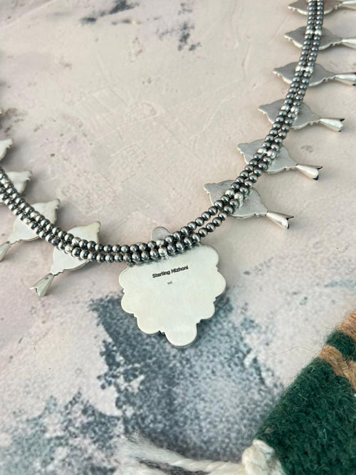 Handmade Sterling Silver Sierra Bella Turquoise Beaded Squash Blossom Necklace Signed Nizhoni