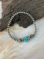 Handmade Sterling Silver Kingman Turquoise Stretchy Beaded Bracelet
