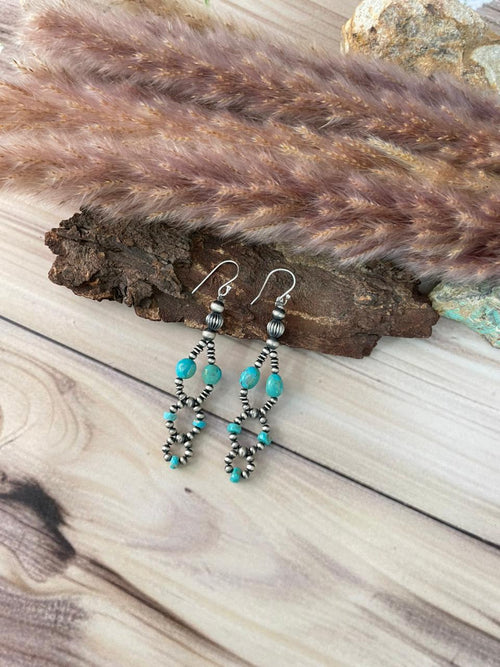 Handmade Sterling Silver Kingman Turquoise Hook Dangle Beaded Earrings