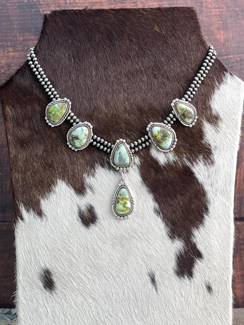 Handmade Sterling Silver Golden Hills Turquoise, Blackjack, Palomino Turquoise Beaded Necklace "Signed Nizhoni"