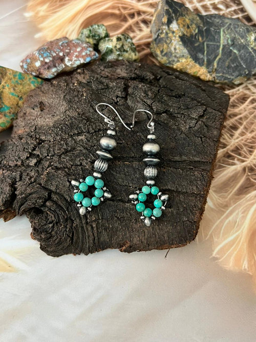 Handmade Sterling Silver Kingman Turquoise Hook Dangle Beaded Earrings