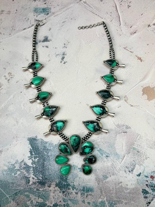 Handmade Sterling Silver Beaded Emerald Rose Squash Blossom Necklace "Signed Nizhoni"