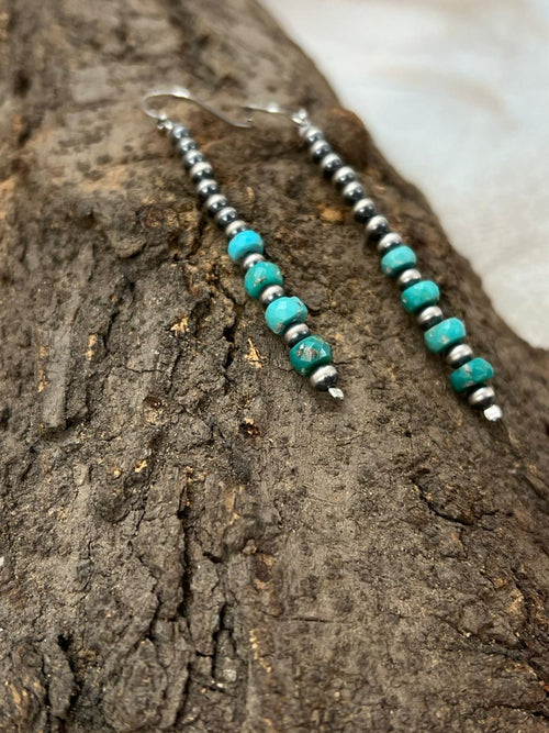 Handmade Sterling Silver Kingman Turquoise Beaded Hook Dangle Earrings