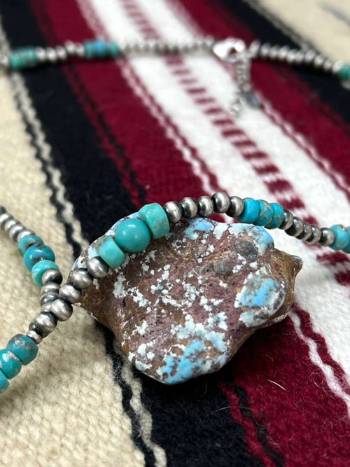 Handmade Sterling Silver Kingman Turquoise Beaded Necklace with Signed Nizhoni