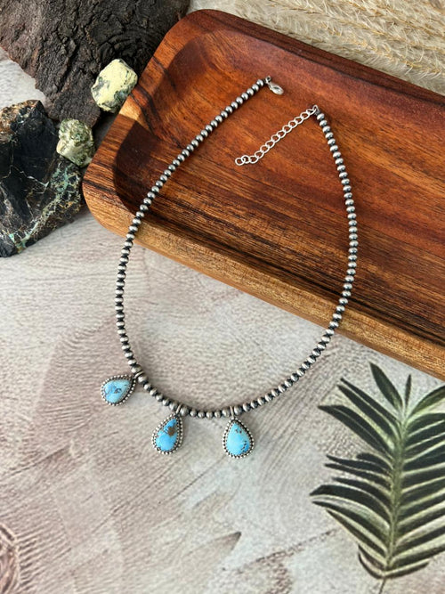 Handmade Sterling Silver Golden Hills Turquoise Beaded Necklace "Signed Nizhoni"