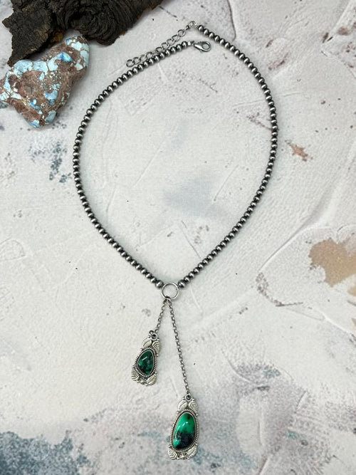 Handmade Sterling Silver Beaded Emerald Rose Necklace "Signed Nizhoni"