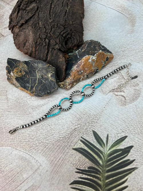 Handmade Sterling Silver Beaded Kingman Turquoise Bracelet