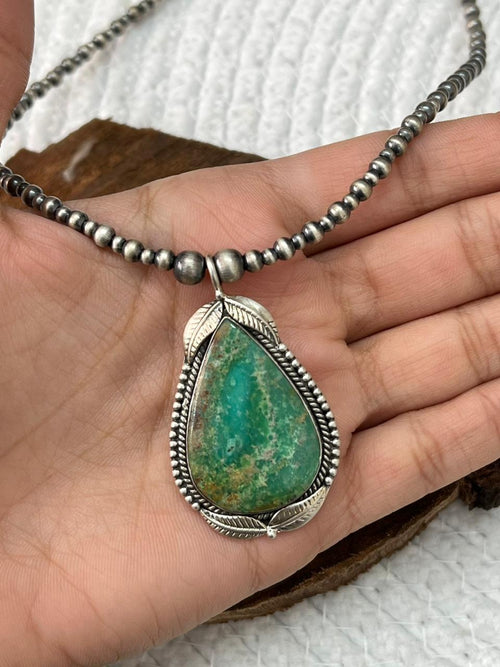 Handmade Sterling Silver Beaded Mantis Turquoise Necklace "Signed  Nizhoni"
