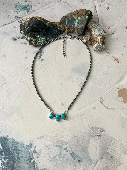 Handmade Sterling Silver White Water Turquoise Beaded Necklace "Signed Nizhoni"