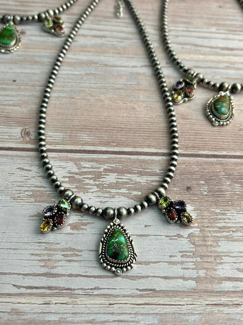 Handmade Sterling Silver Beaded Sonoran with Cut Stone Necklace "Signed Nizhoni"