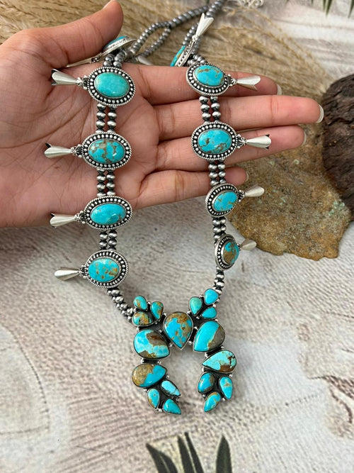 Handmade Sterling Silver Santa Maria Turquoise Squash Blossom Beaded Necklace "Signed Nizhoni"