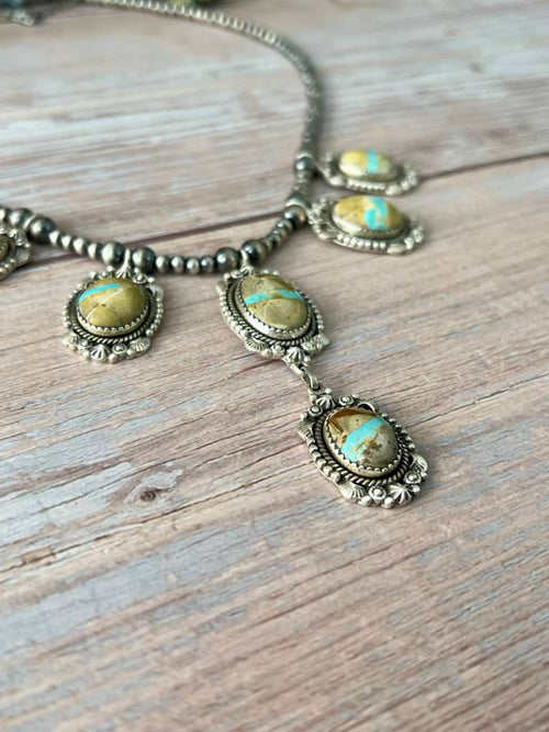 Handmade Sterling Silver Royston Ribbon Turquoise Beaded Necklace with Signed Nizhoni