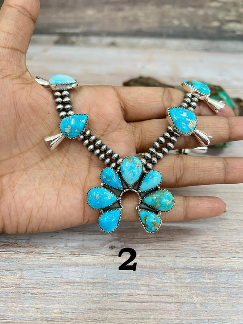 Handmade Sterling Silver White Water Turquoise Beaded Squash Blossom Necklace with Signed Nizhoni