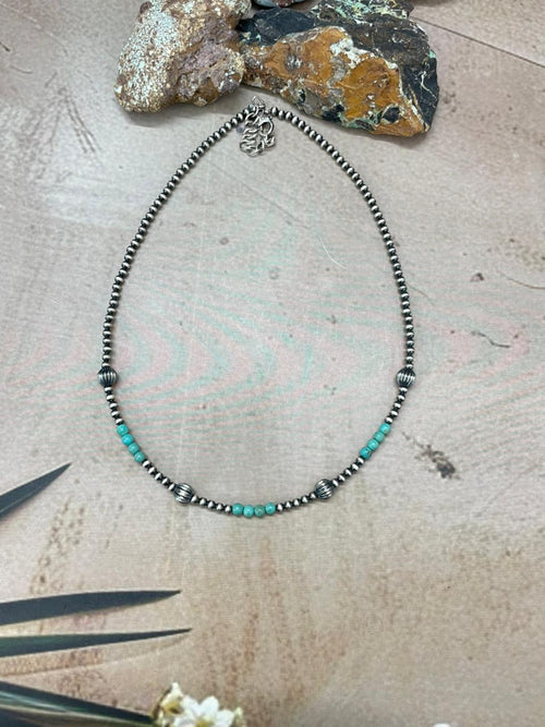 Handmade Sterling Silver Beaded Kingman Turquoise Necklace "Signed Nizhoni" (5)