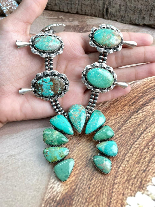 Handmade Sterling Silver Mantis Turquoise Beaded Squash Blossom Naja Necklace with Signed Nizhoni