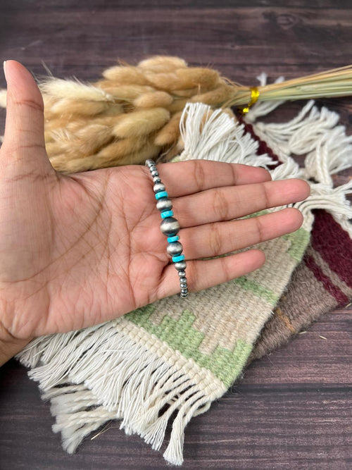 Handmade Sterling Silver Kingman Turquoise Beaded Bracelet "Signed Nizhoni"