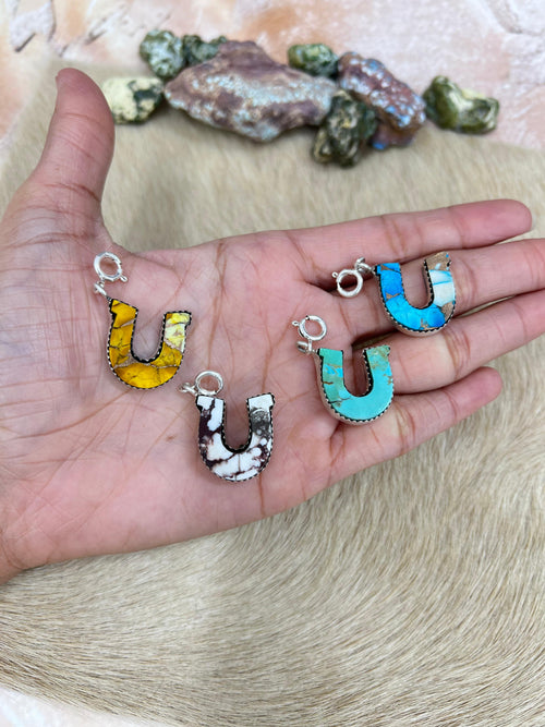 Handmade Horseshoe Sterling Silver Ice Blue Dahlia, Wild Horse, Kingman, Honey Dahlia Charms with Signed Nizhoni