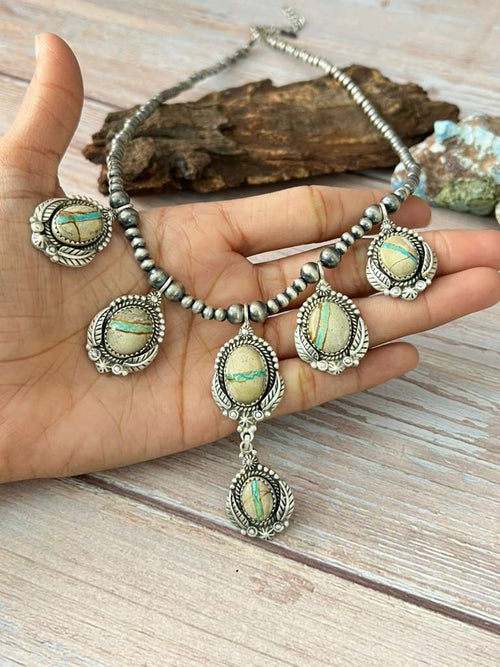 Handmade Sterling Silver Royston Ribbon Turquoise Beaded Necklace with Signed Nizhoni