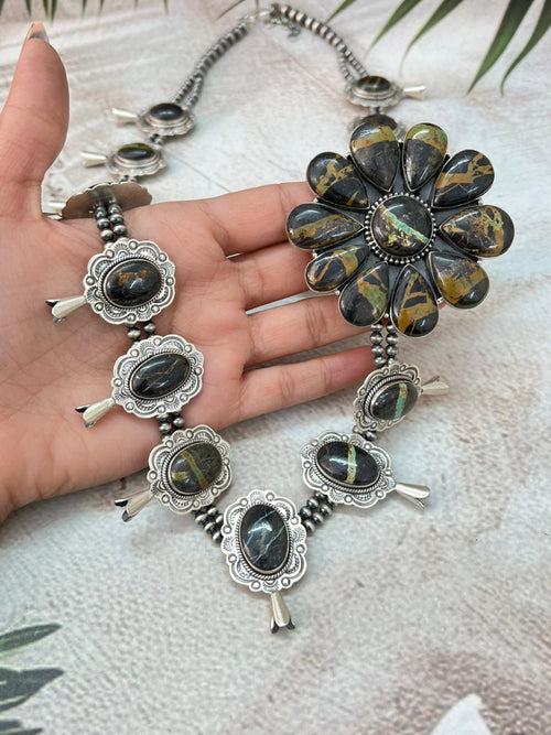 Handmade Sterling Silver Beaded Blackjack Turquoise Necklace "Signed Nizhoni"