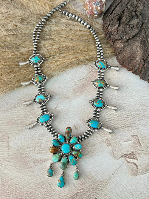 Handmade Sterling Silver Santa Maria Turquoise Squash Blossom Beaded Necklace "Signed Nizhoni"