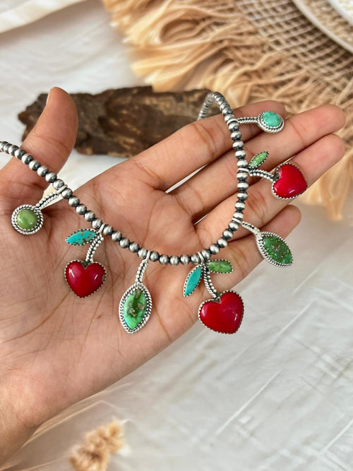 Handmade Sterling Silver Sonoran with Rosarita Beaded Cherry Necklace "Signed Nizhoni"