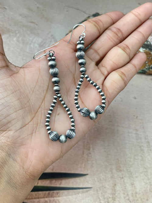 Handmade Sterling Silver Beaded Dangle Hook Earrings "Signed Nizhoni" (1)