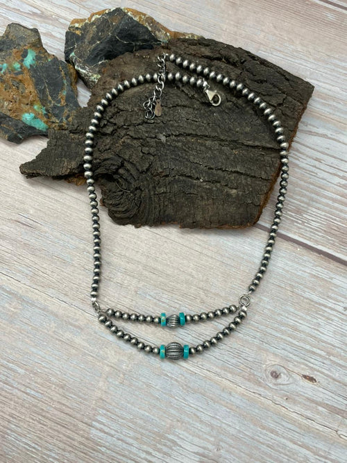 Handmade Sterling Silver Beaded Kingman Turquoise Necklace "Signed Nizhoni"