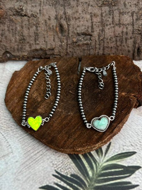 Handmade Sterling Silver Beaded Neon Opal, Variscite Chain Bracelet "Signed Nizhoni"