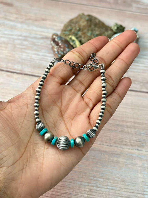 Handmade Sterling Silver Kingman Turquoise Beaded Bracelet "Signed Nizhoni"