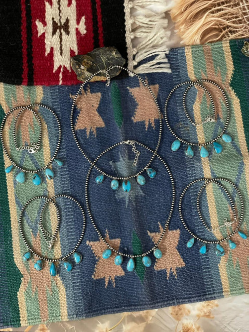 Handmade Sterling Silver Blue Kingman Turquoise Beaded Necklace "Signed Nizhoni"