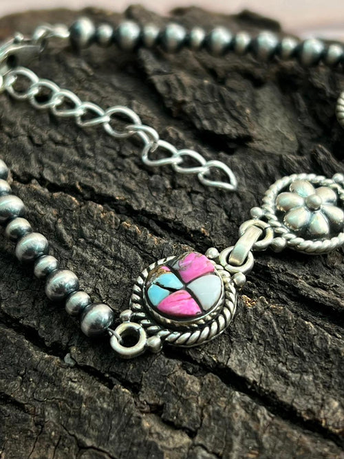 Handmade Sterling Silver Beaded Cotton Candy Bracelet "Signed Nizhoni"