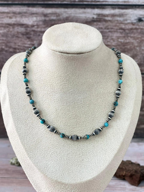 Handmade Sterling Silver Kingman Turquoise Beaded Necklace with Signed Nizhoni