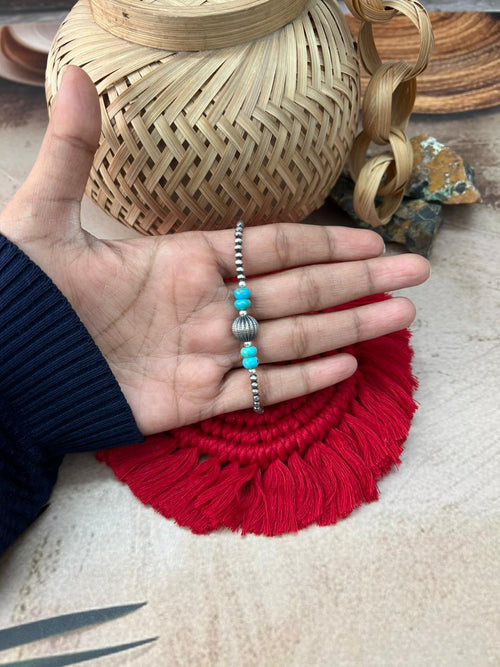 Handmade Sterling Silver Beaded Kingman Turquoise Bracelet