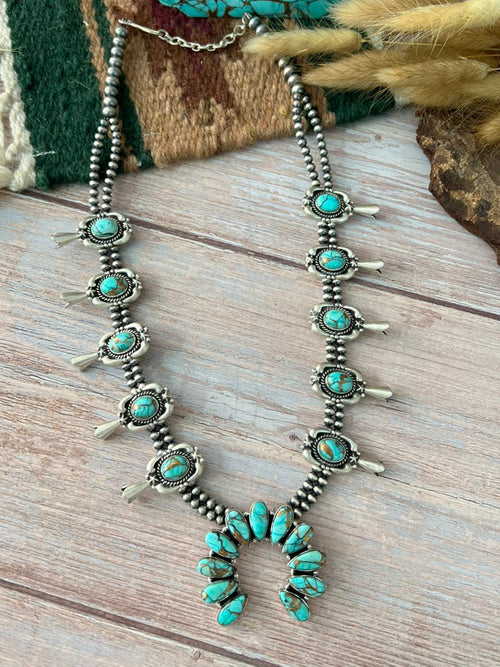Handmade Sterling Silver Mint Dahlia Collection: Squash Blossom Beaded Necklace "Signed Nizhoni"