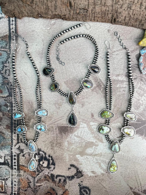 Handmade Sterling Silver Golden Hills Turquoise, Blackjack, Palomino Turquoise Beaded Necklace "Signed Nizhoni"