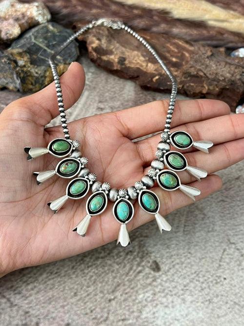 Handmade Sterling Silver Kingman Turquoise Beaded Necklace "Signed Nizhoni"
