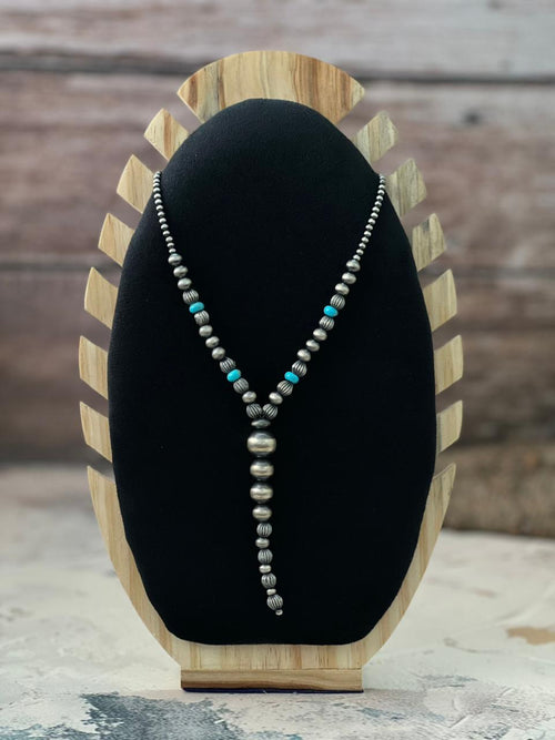 Handmade Sterling Silver Beaded Kingman Turquoise Necklace "Signed Nizhoni"