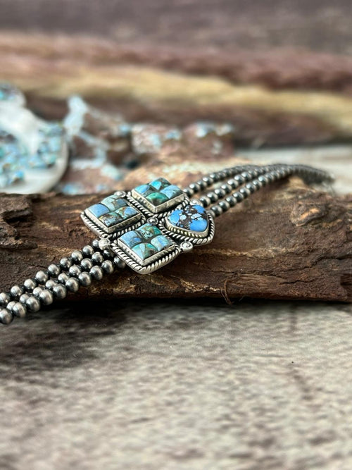 Handmade Sterling Silver Golden Hills Turquoise Cobble Collection Beaded Bracelet "Signed Nizhoni"