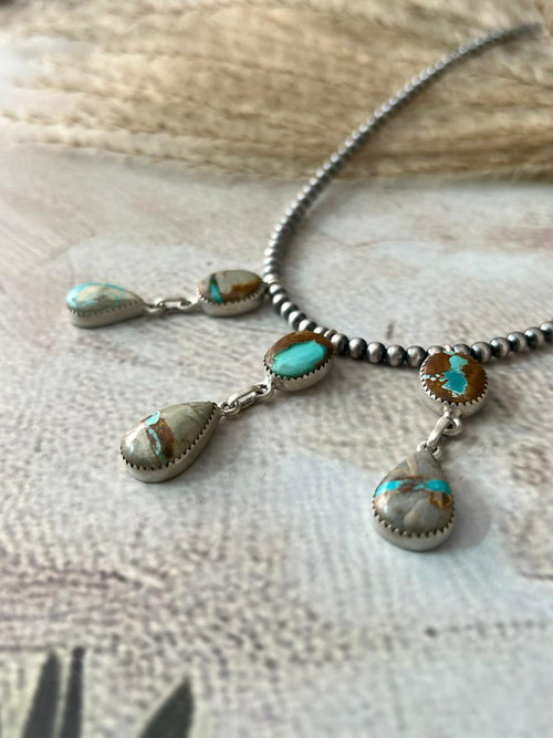 Handmade Sterling Silver Royston Ribbon Turquoise Beaded Necklace "Signed Nizhoni"