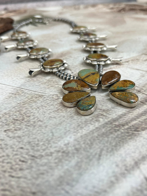 Handmade Sterling Silver Old Stock Royston Turquoise Beaded Squash Blossom Necklace Signed Nizhoni