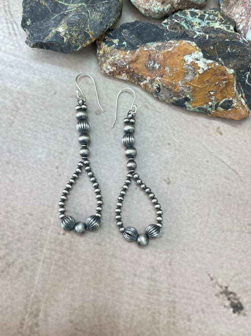 Handmade Sterling Silver Beaded Dangle Hook Earrings "Signed Nizhoni" (1)