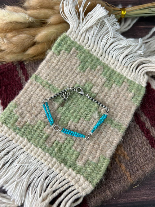 Handmade Sterling Silver Kingman Turquoise Beaded Bracelet "Signed Nizhoni"