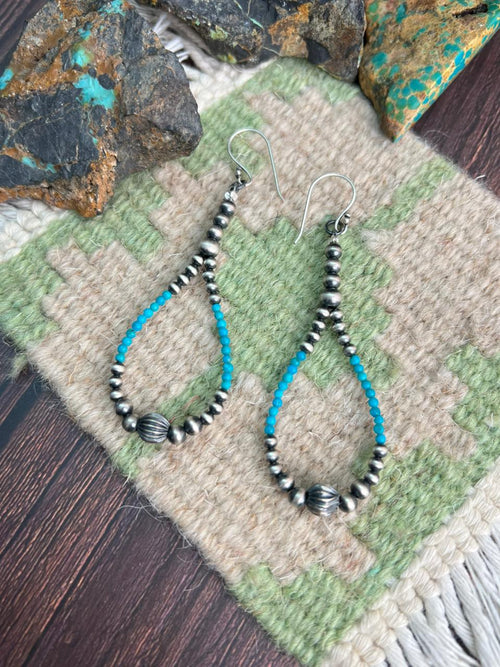 Handmade Sterling Silver Kingman Turquoise Hook Beaded Earrings