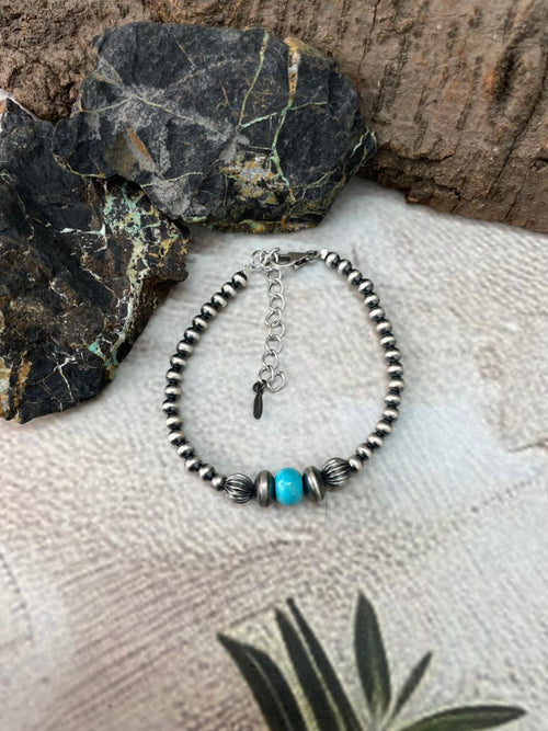 Handmade Sterling Silver Beaded Kingman Turquoise Bracelet