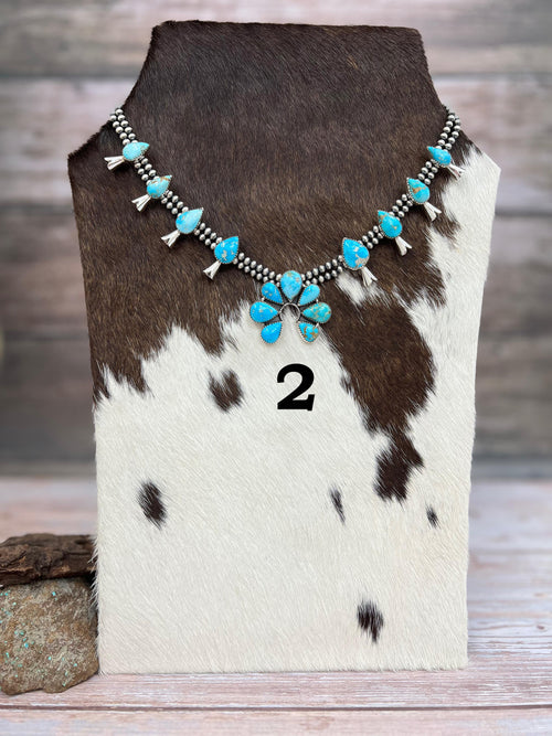 Handmade Sterling Silver White Water Turquoise Beaded Squash Blossom Necklace with Signed Nizhoni