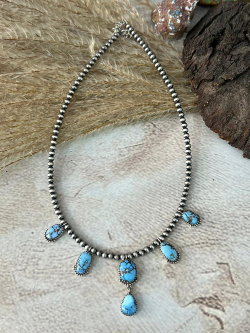 Handmade Sterling Silver Golden Hills Turquoise Beaded Necklace "Signed Nizhoni"