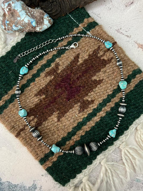 Handmade Sterling Silver Beaded White Water Turquoise Necklace "Signed Nizhoni"