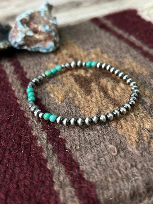 Handmade Sterling Silver Kingman Turquoise Beaded Stretch Bracelet