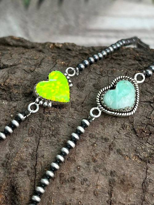 Handmade Sterling Silver Beaded Neon Opal, Variscite Chain Bracelet "Signed Nizhoni"